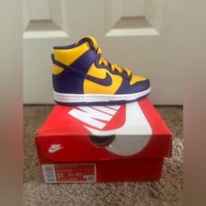 Purple and yellow high dunks Nike